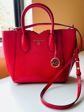 Michael Kors Red Pebbled Leather Satchel with Gold Logo Charm